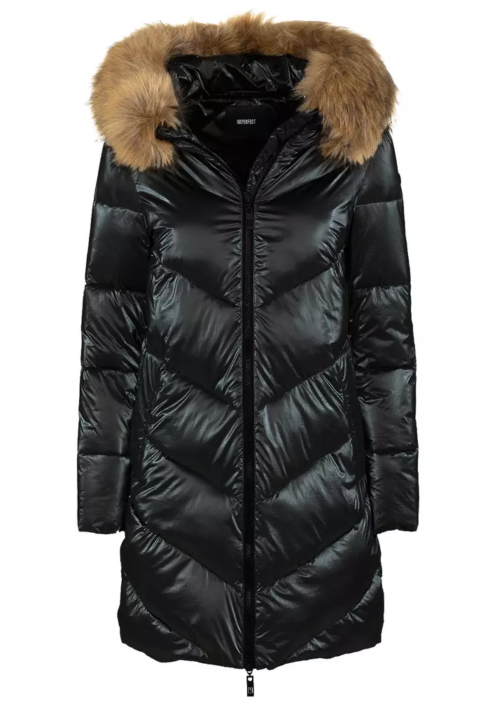 Imperfect Women's Elegant Long Down Hooded Jacket with Eco-Fur