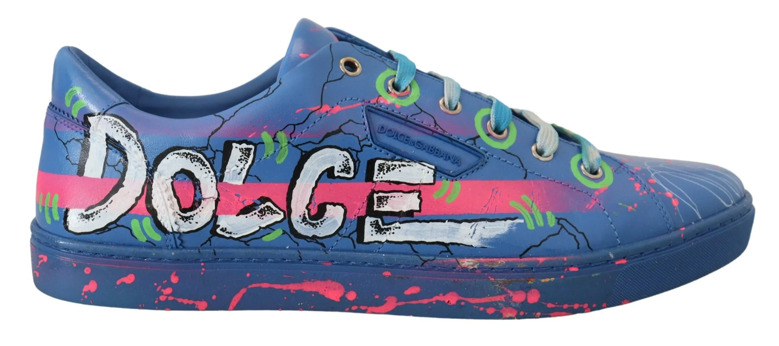 Dolce & Gabbana Men's Handpainted Blue Leather Low Top Sneakers