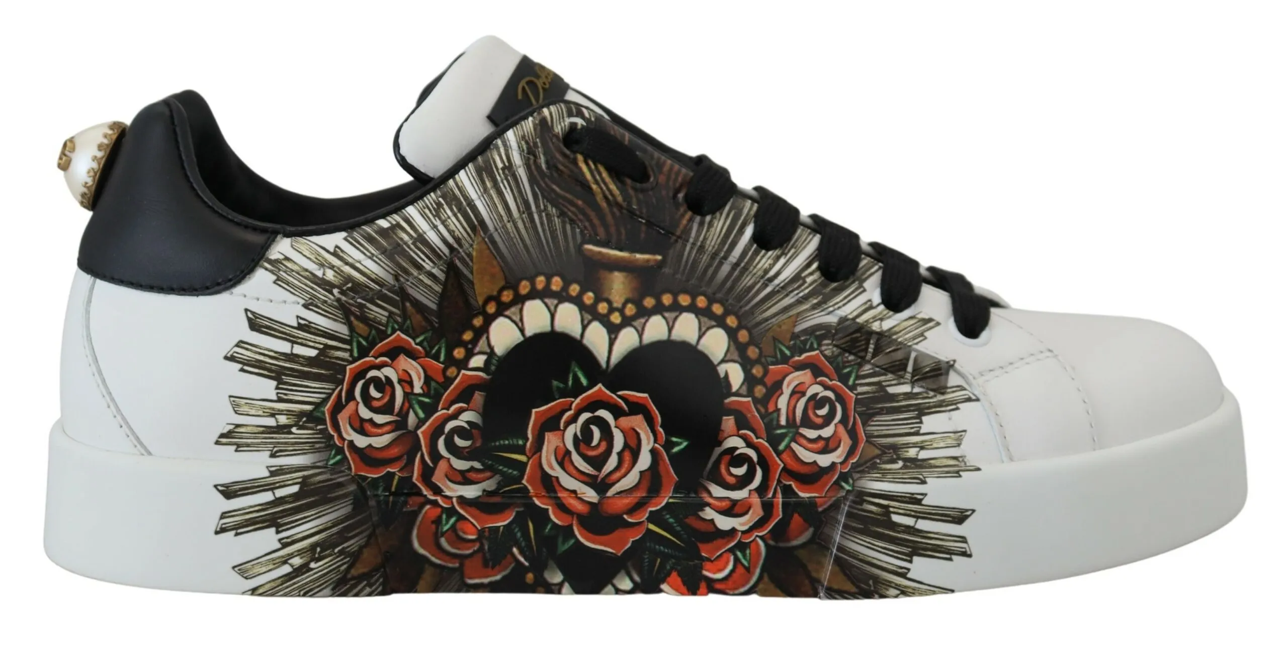 Dolce & Gabbana Men's Elegant White Leather Sneakers with Heart Roses Detail