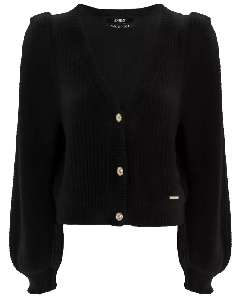 Imperfect Women's Elegant V-Neck Black Cardigan with Golden Buttons