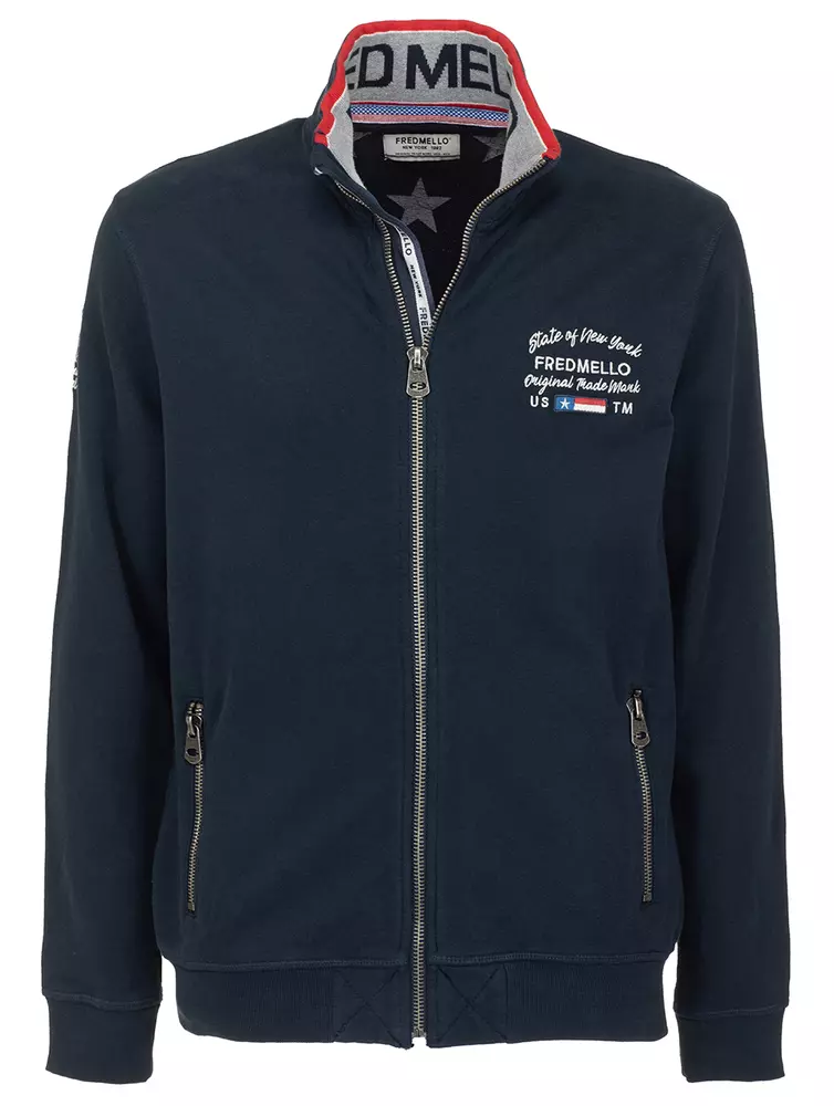 Fred Mello Men's Chic Blue Cotton Zip Sweatshirt with Logo Embroidery