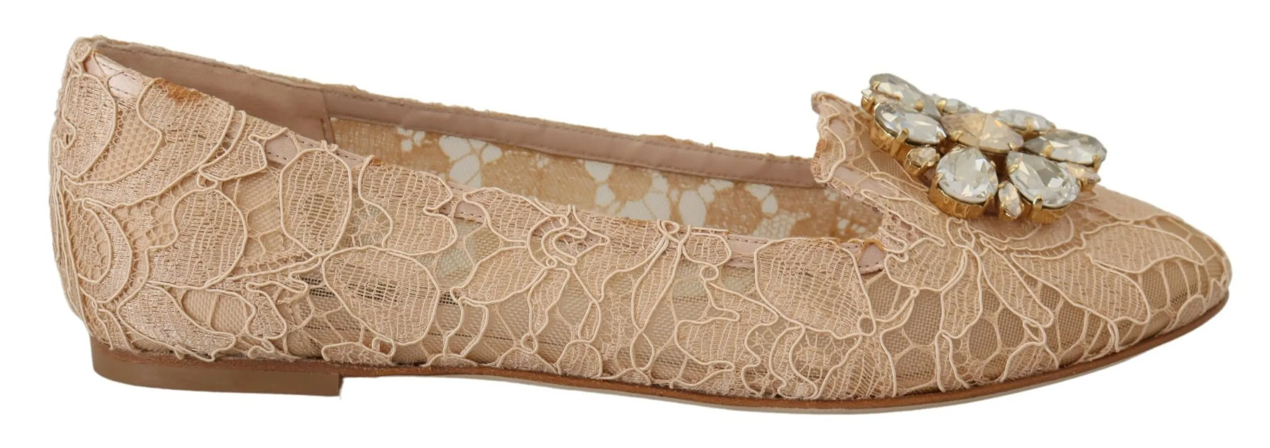 Dolce & Gabbana Women's Elegant Beige Lace Vally Flats with Crystal Accent