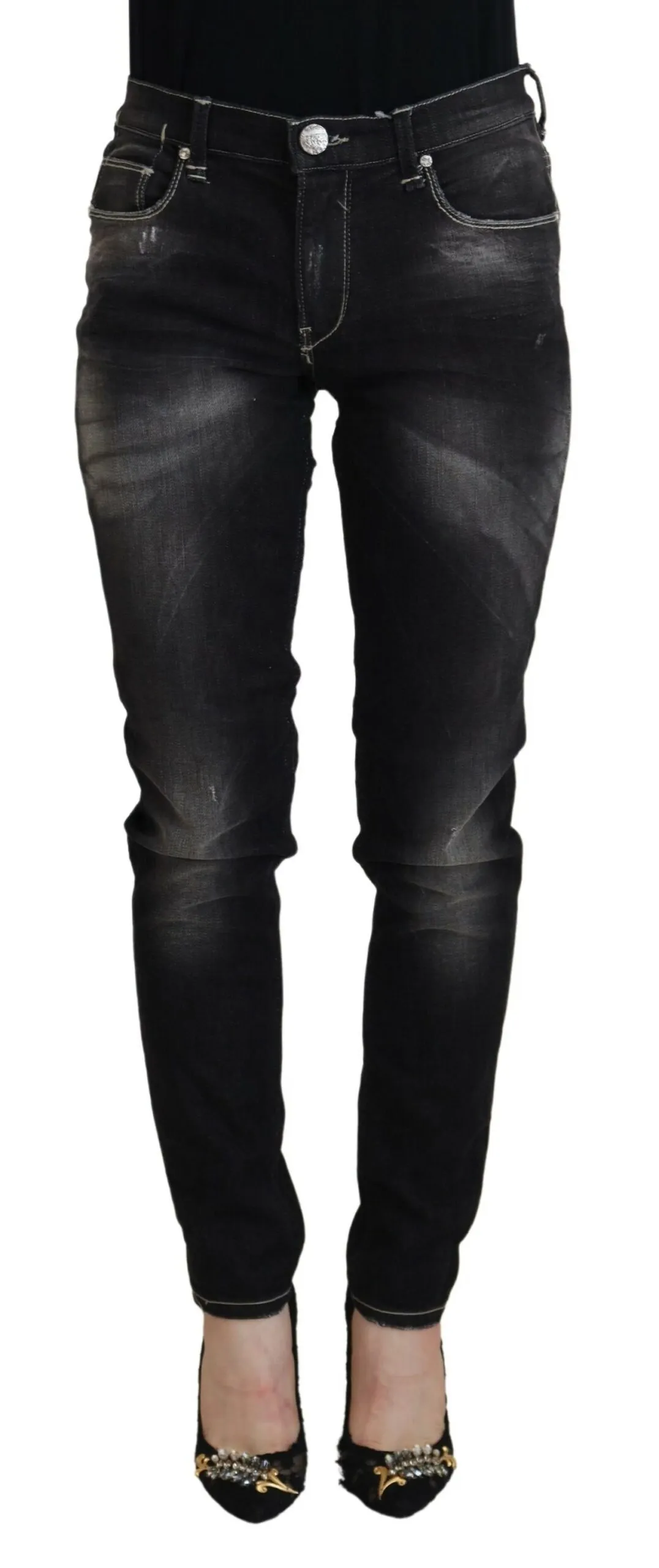 Acht Women's Elegant Tapered Mid Waist Black Jeans