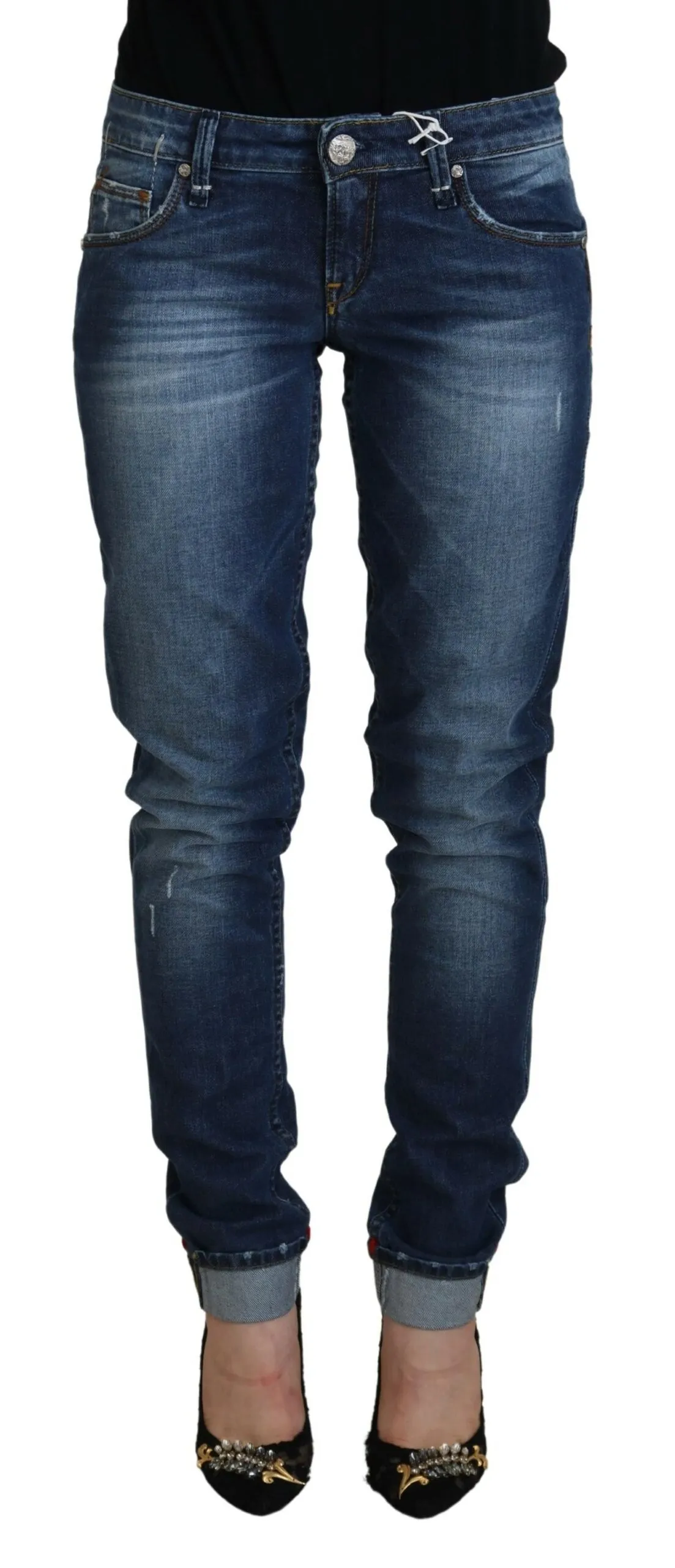 Acht Women's Elegant Blue Washed Low Waist Skinny Jeans