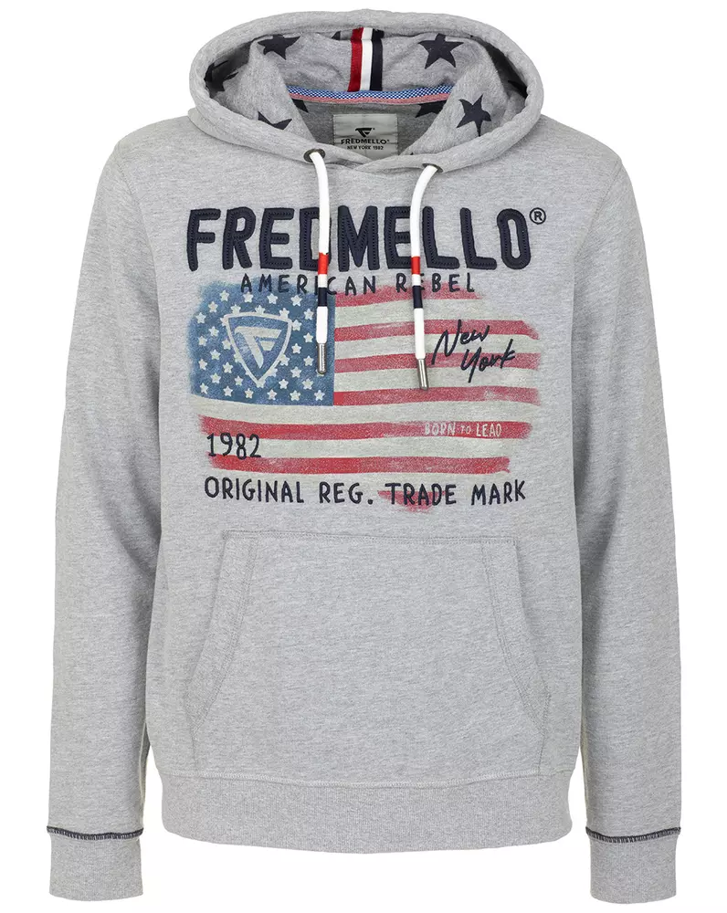 Fred Mello Men's Chic Melange Grey Cotton Hoodie with Chest Embroidery