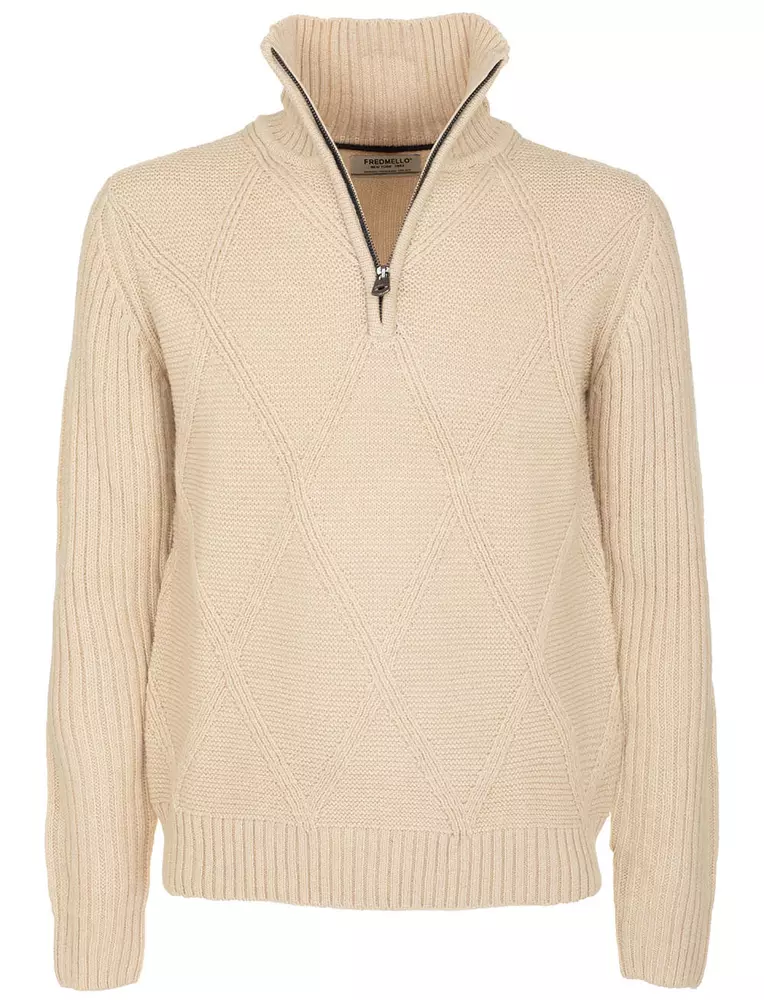 Fred Mello Men's Chic Beige Diamond Embroidered Zip Sweater