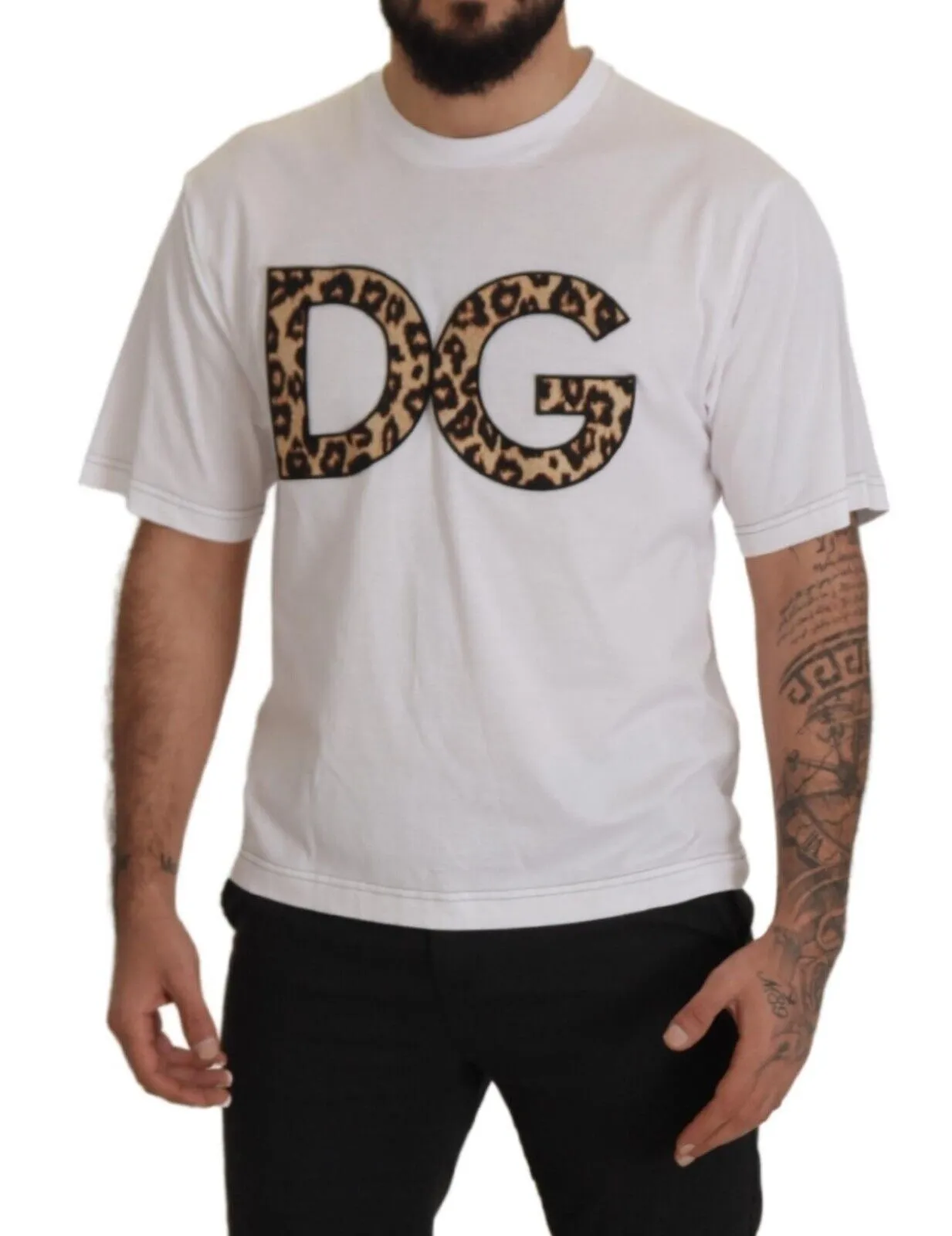 Dolce & Gabbana Men's Elegant White Cotton Tee with Leopard Logo