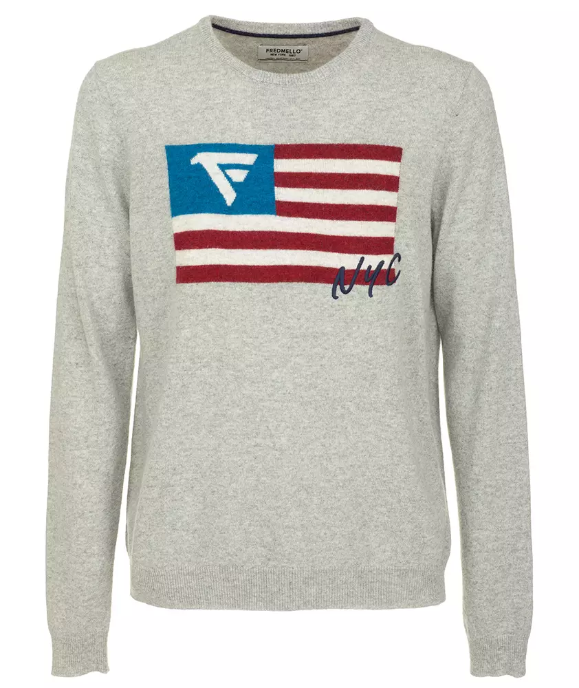 Fred Mello Men's Chic Flag Print Crew Neck Wool Blend Sweater