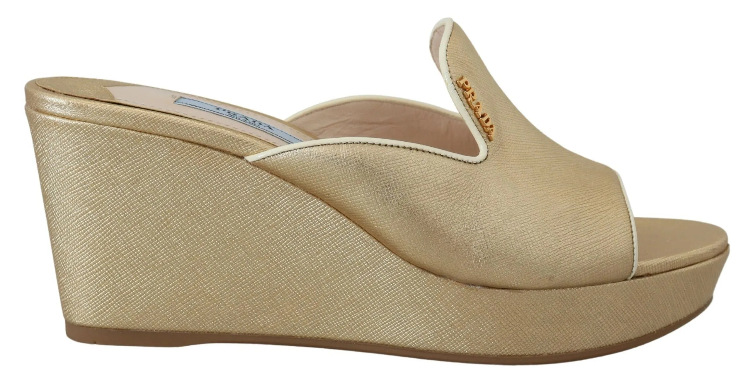 Prada Women's Elegant Gold Leather Wedge Sandals
