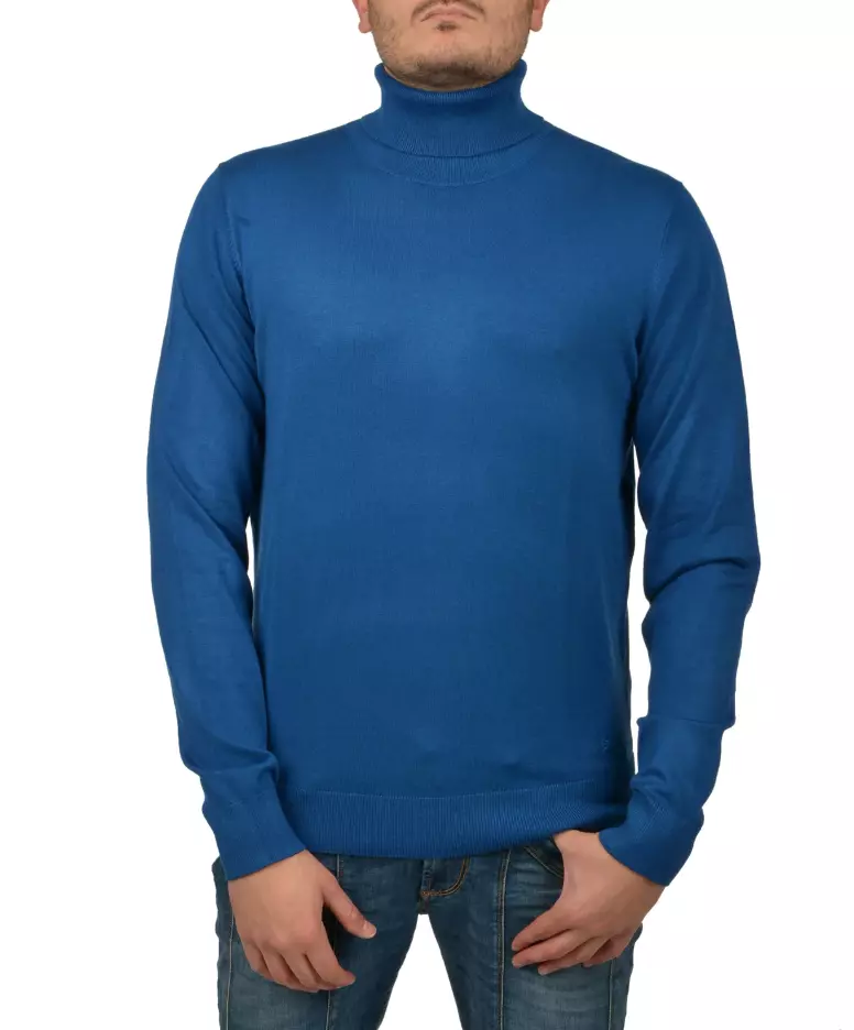 Yes Zee Men's China Blue Viscose Turtleneck Sweater