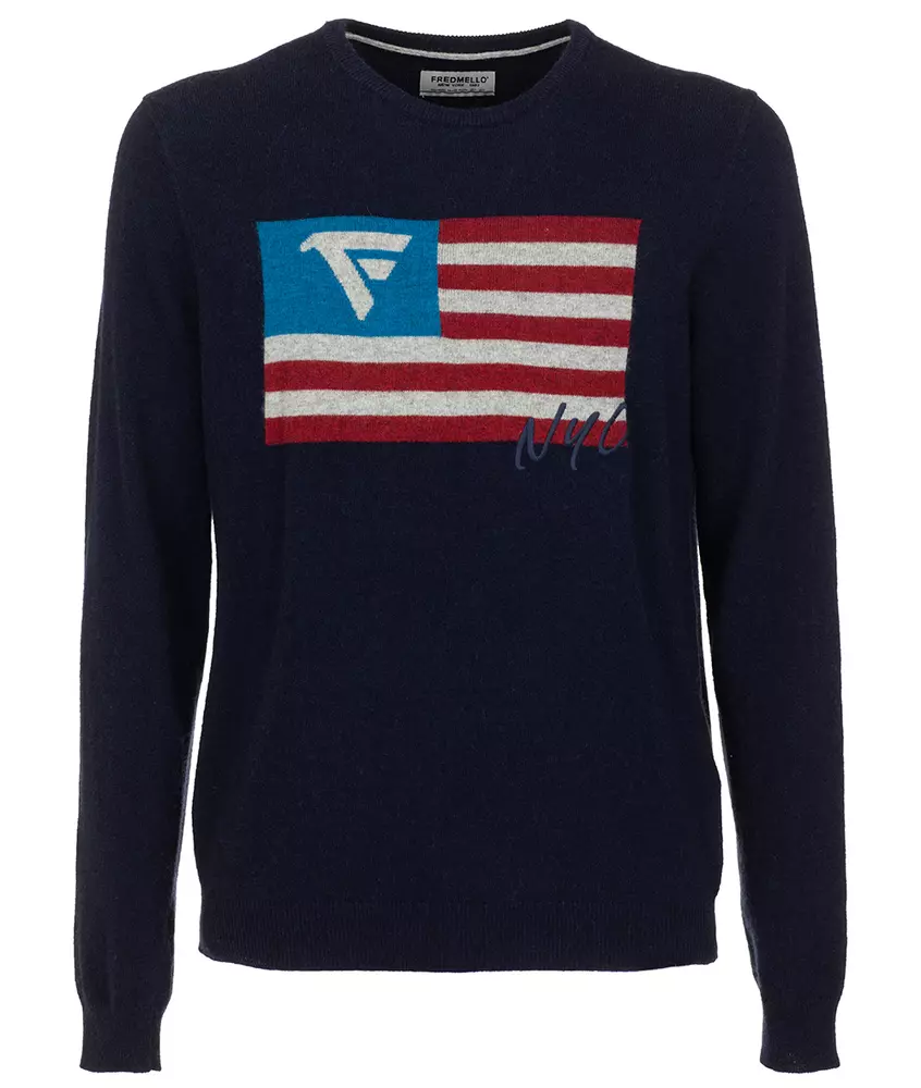Fred Mello Men's Chic Crew Neck Flag Motif Sweater