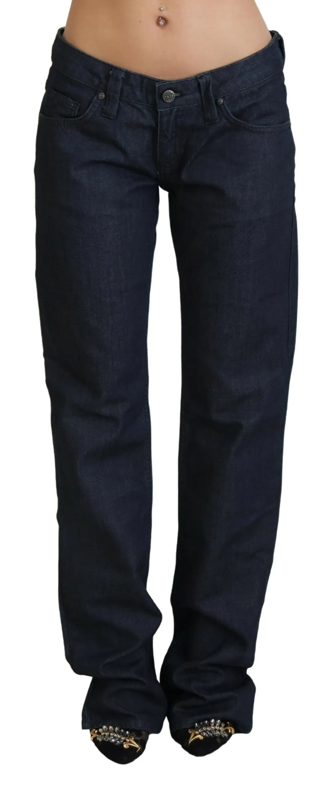 Exte Women's Chic Dark Blue Low Waist Straight Cut Jeans