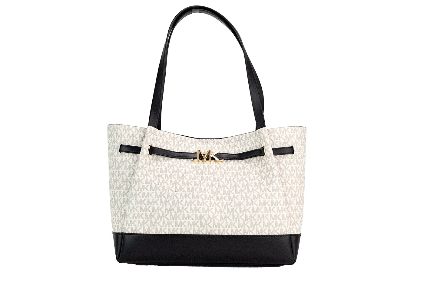 Michael Kors Women's Reed Large Vanilla Black Signature PVC Belted Tote Bag Purse