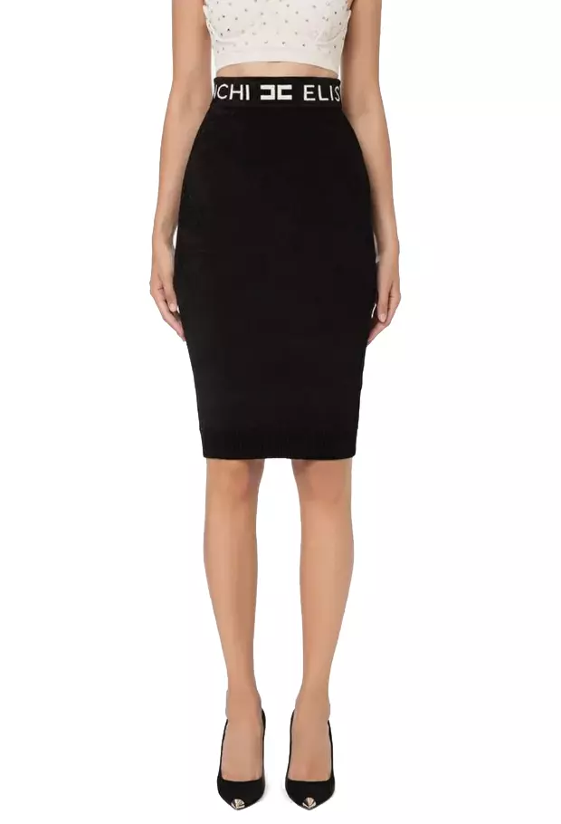 Elisabetta Franchi Women's Chenille High-Waisted Pencil Skirt with Logo Band