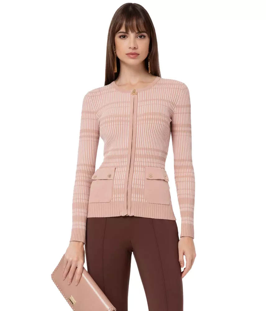 Elisabetta Franchi Women's Chic Ribbed Crew-Neck Cardigan with Golden Accents