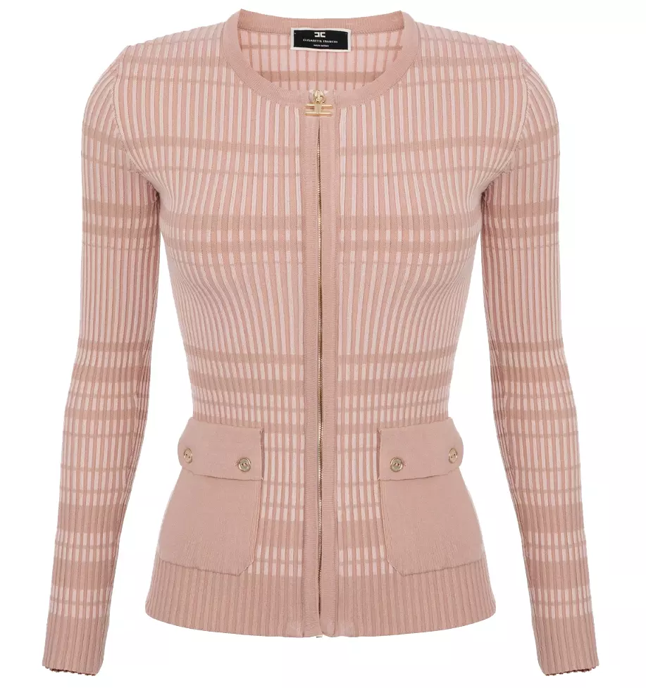 Elisabetta Franchi Women's Chic Ribbed Crew-Neck Cardigan with Golden Accents