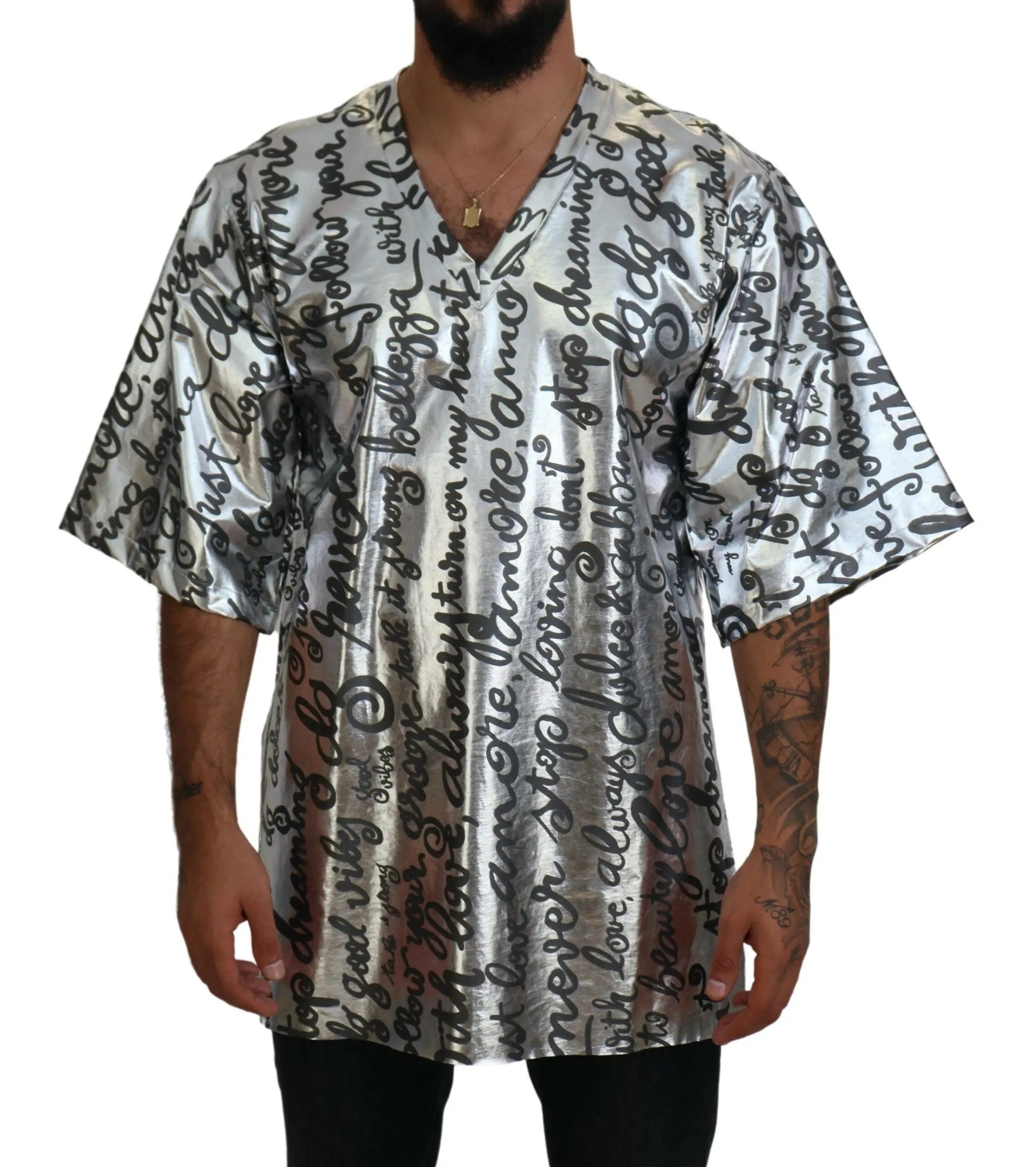 Dolce & Gabbana Men's Elegant V-Neck Silver Tee