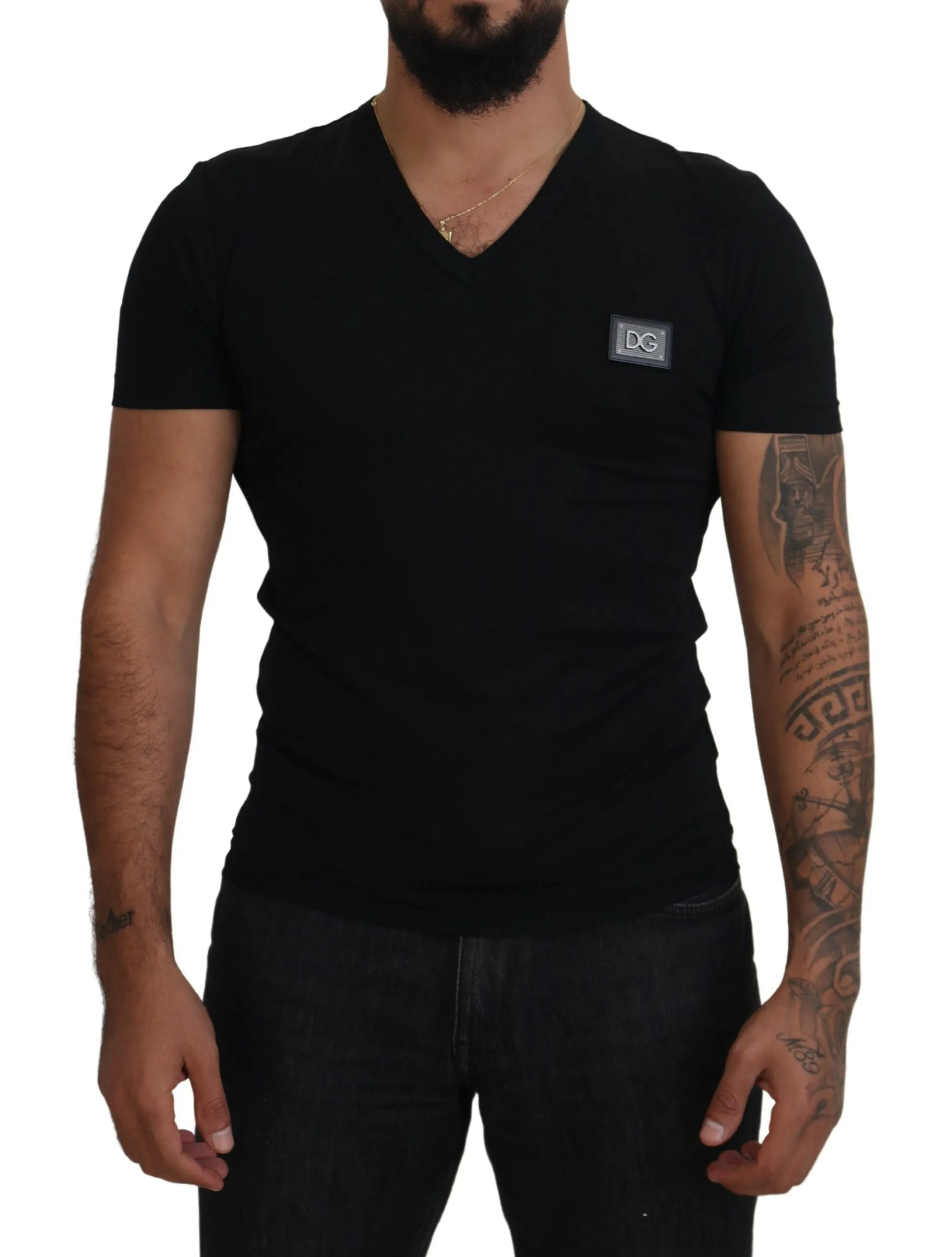 Dolce & Gabbana Men's Elegant Black V-Neck Cotton Tee