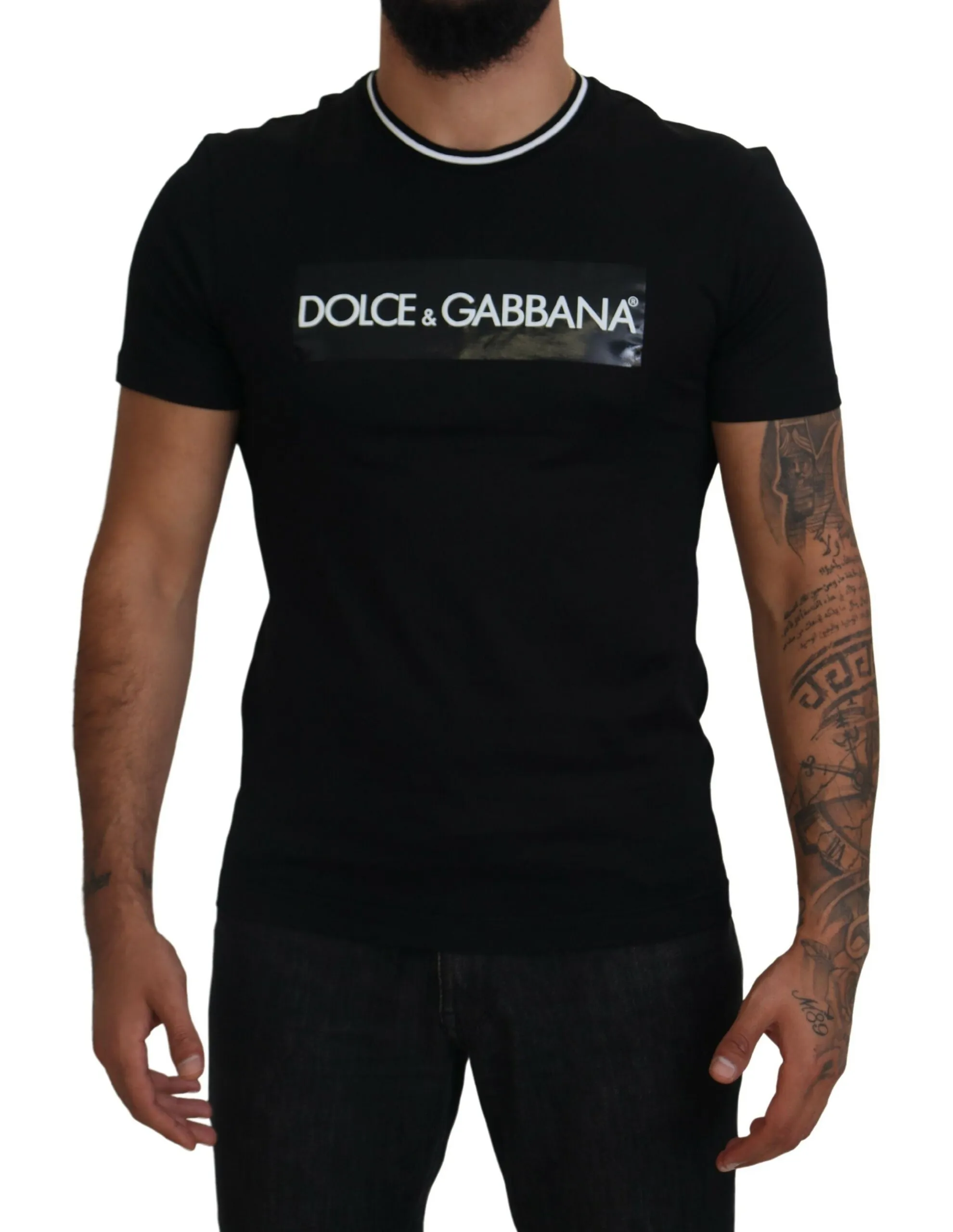 Dolce & Gabbana Men's Elegant Black Crew Neck Tee with Logo