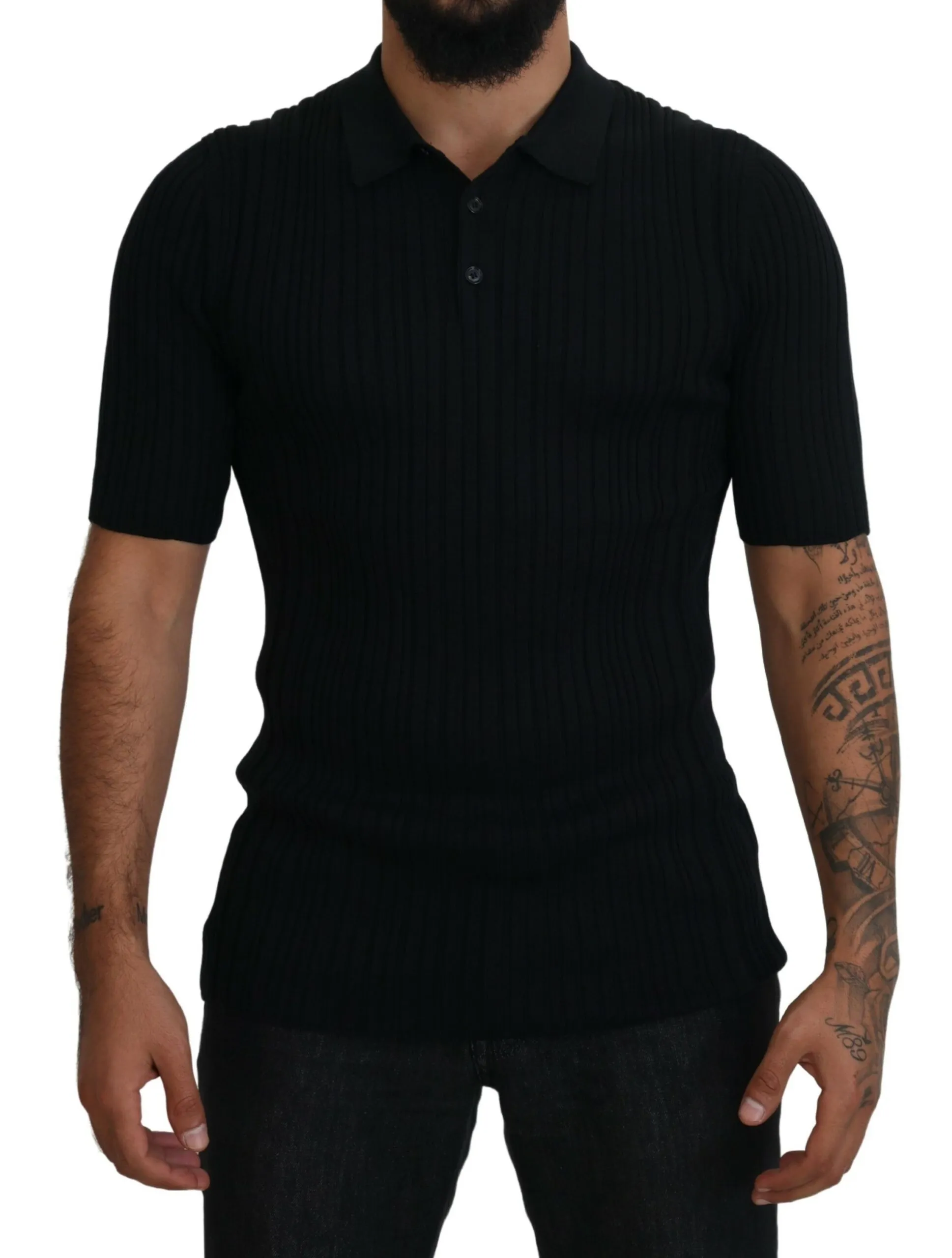 Dolce & Gabbana Men's Silk-Cotton Blend Black Collared Tee