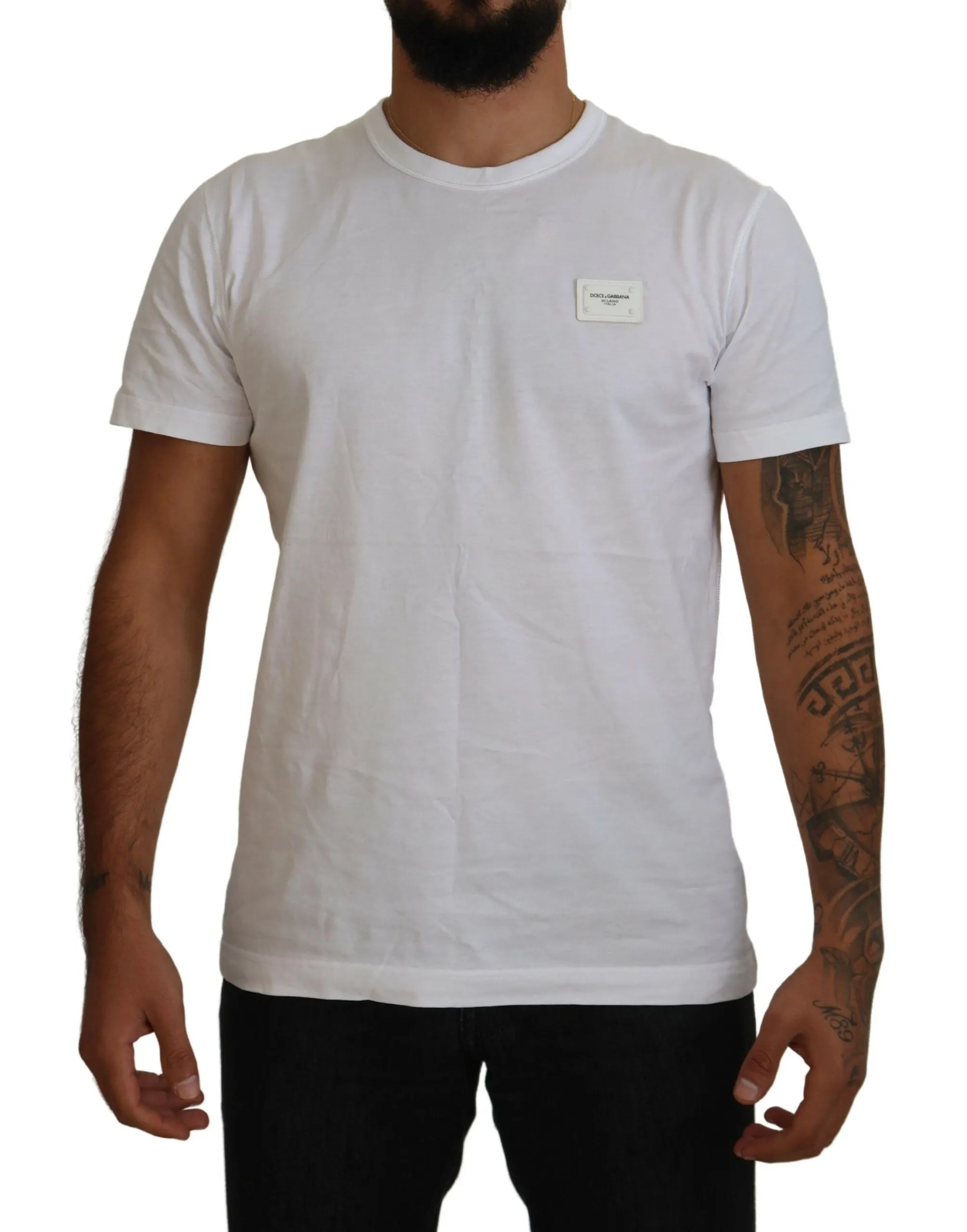 Dolce & Gabbana Men's Elegant White Crew Neck Logo Tee