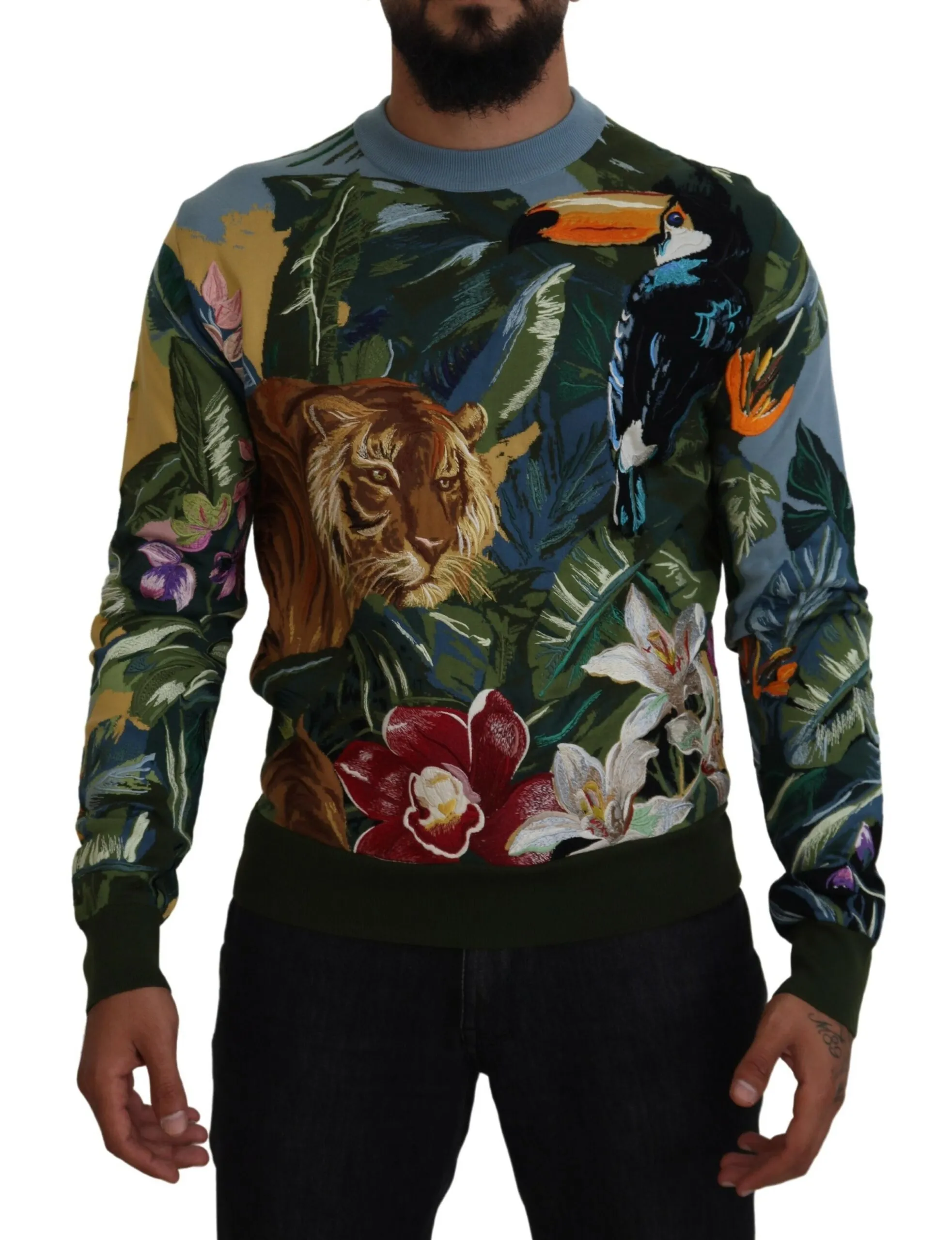 Dolce & Gabbana Men's Jungle Embroidered Wool Silk Sweater
