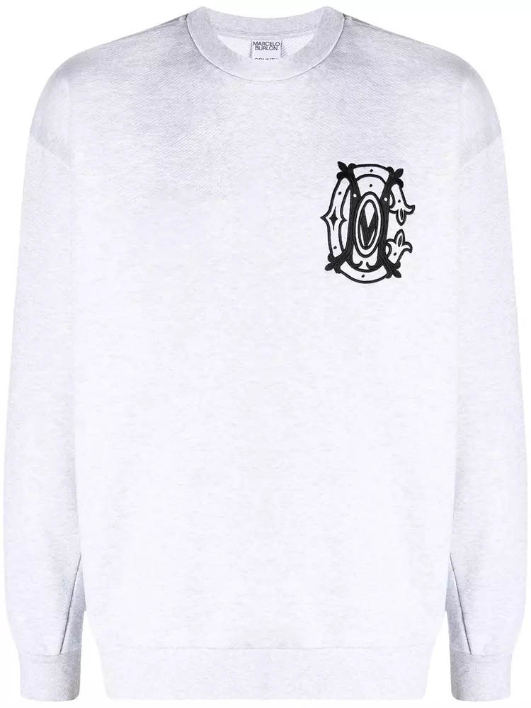 Marcelo Burlon Men's Embroidered Logo Grey Crewneck Sweatshirt