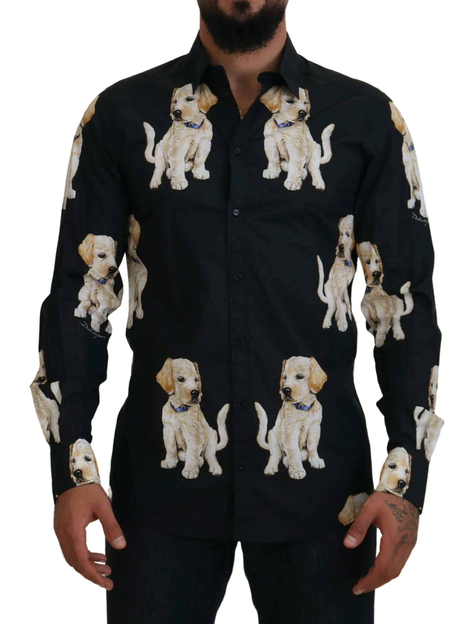 Dolce & Gabbana Men's Elegant Black Dog Print Casual Shirt