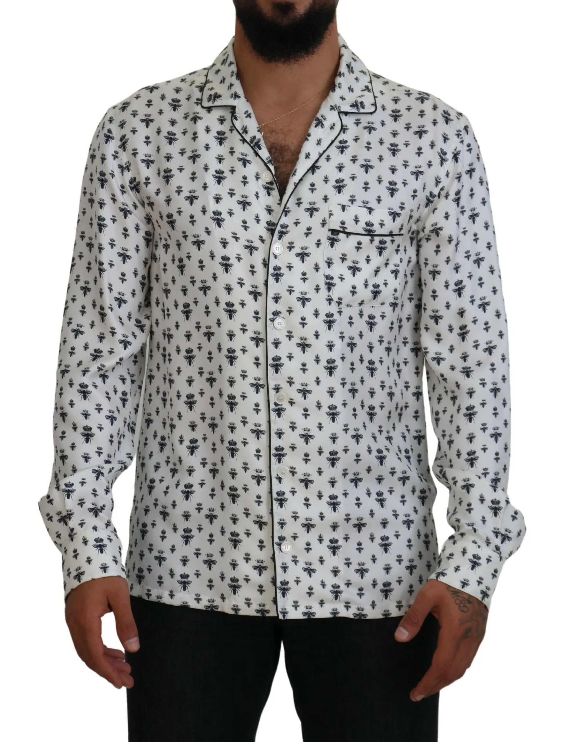 Dolce & Gabbana Men's Elegant Silk Pajama Top with Crown Bee Print