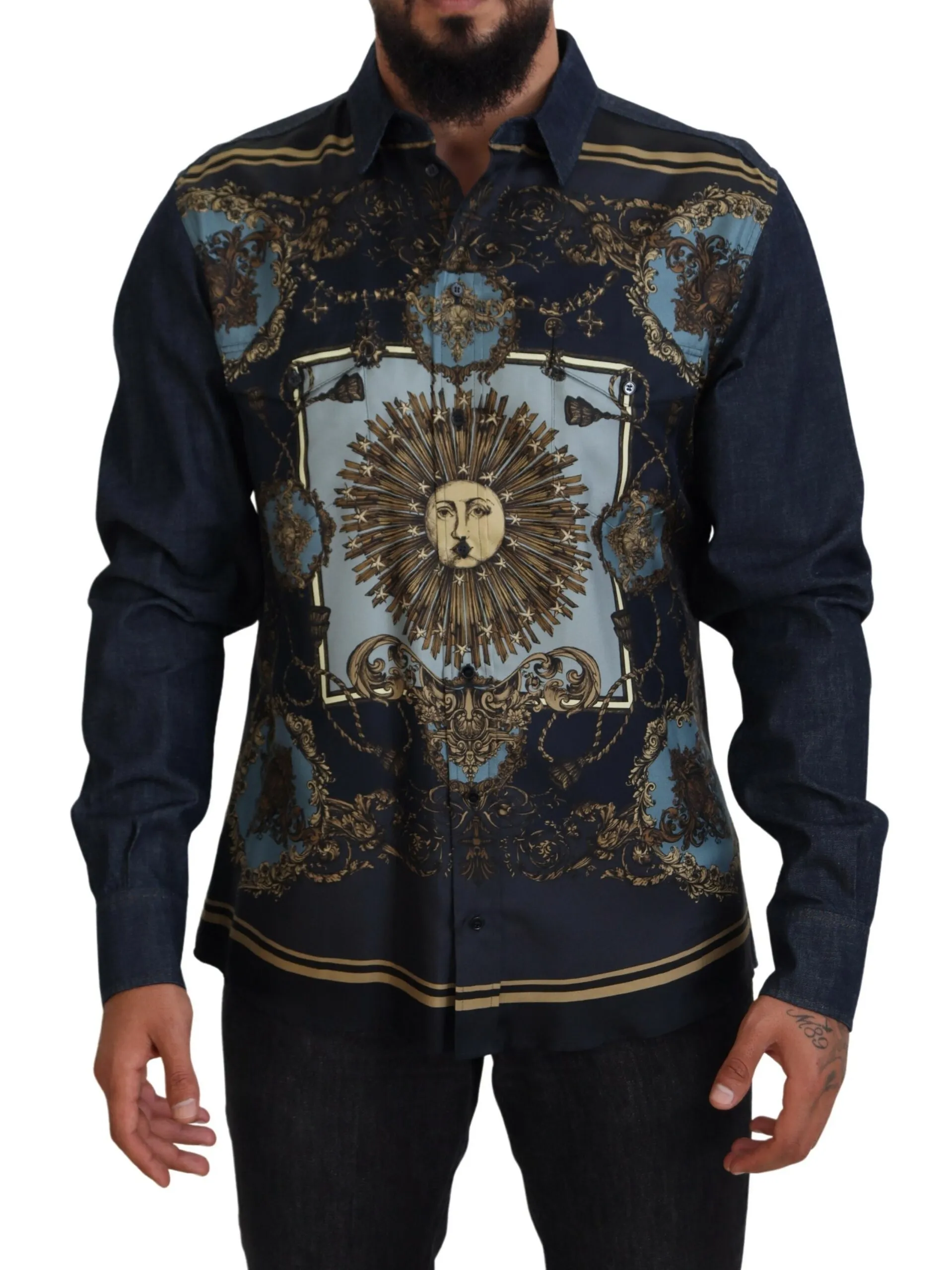 Dolce & Gabbana Men's Elegant Blue Printed Silk Cotton Shirt