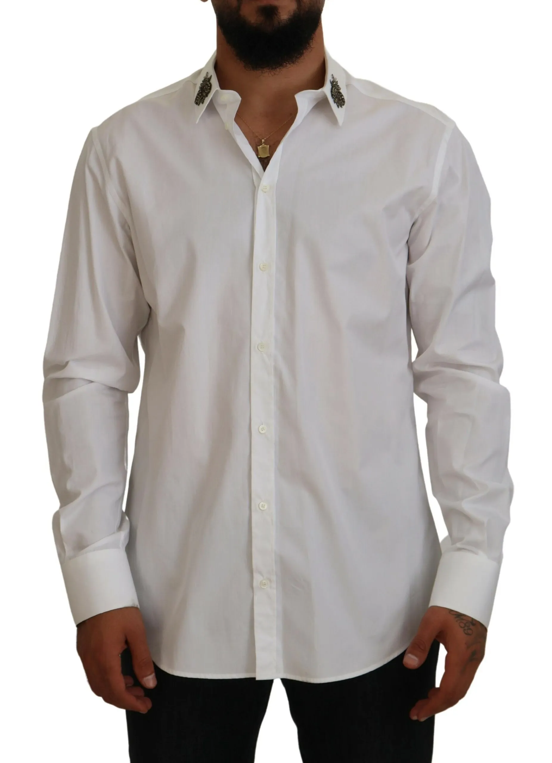 Dolce & Gabbana Men's Elegant Embellished White Cotton Shirt