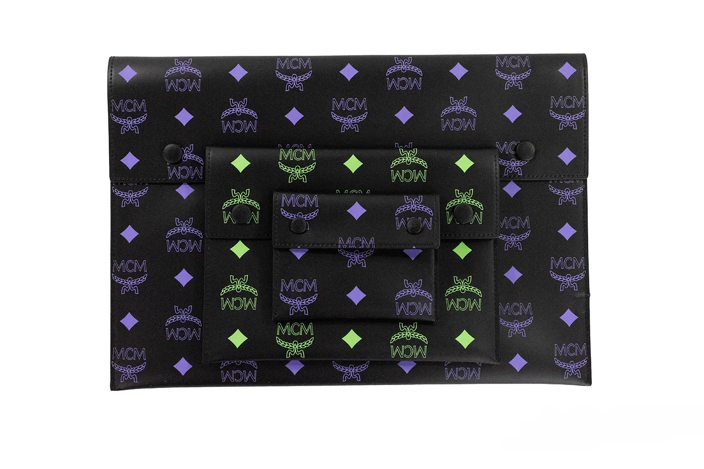 MCM Women's Color Splash Large Visetos Logo Leather Clutch Pouch Wallet Bag 3 in 1 Trio