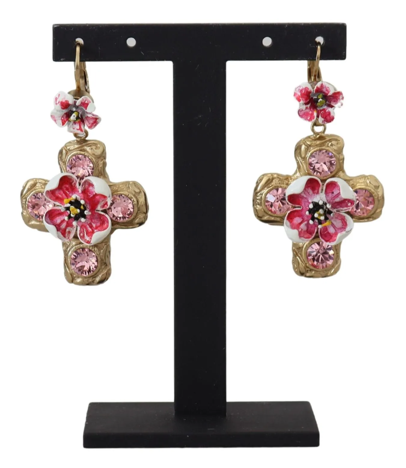 Dolce & Gabbana Women's Gold and Pink Sicily Cross Dangling Earrings