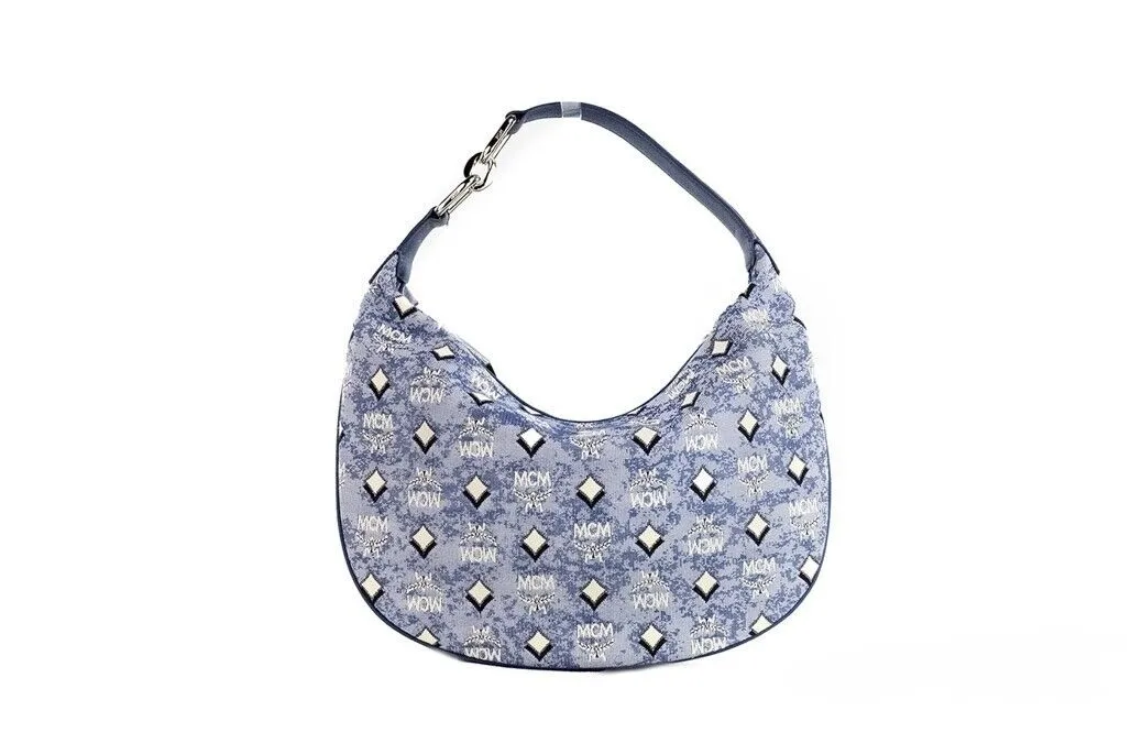 MCM Women's Portuna Large Crescent Blue Vintage Denim Fabric Hobo Bag Shoulder Purse