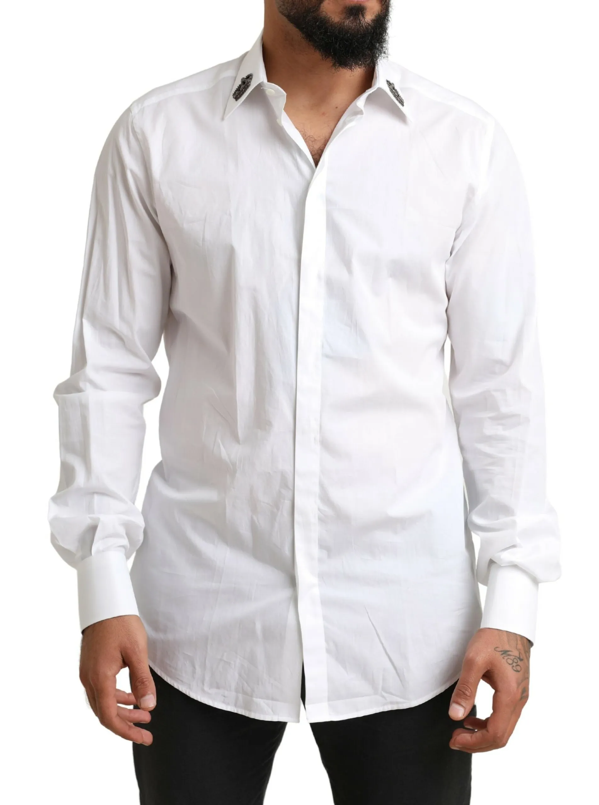 Dolce & Gabbana Men's Elegant White Slim Fit Tuxedo Shirt with Crown Embroidery