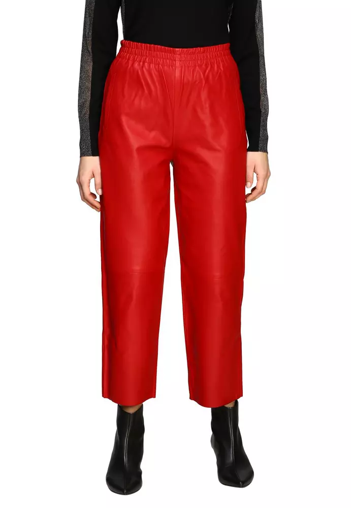 PINKO Women's Elegant Red Lambskin Trousers with Elastic Waist