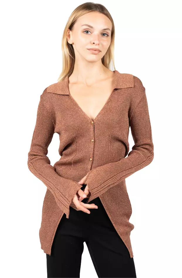 PINKO Women's Chic Pink Ribbed V-Neck Lurex Sweater