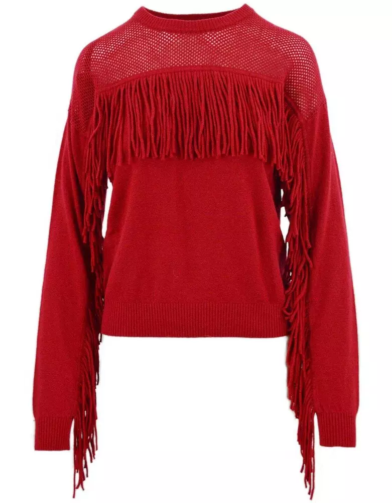 PINKO Women's Perforated Crew-Neck Red Sweater with Fringe Detail