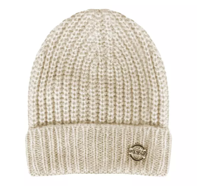 PINKO Women's Cream Ribbed Beanie with Metal Logo Accent