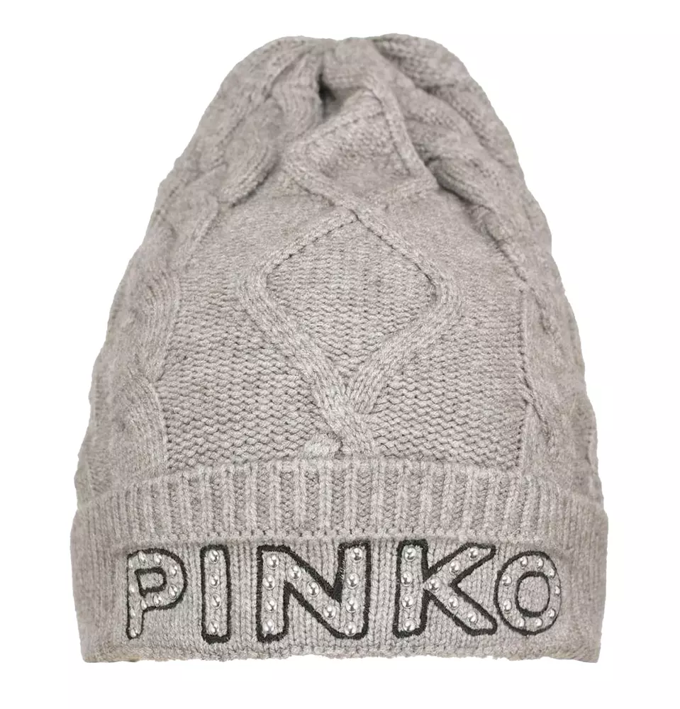 PINKO Women's Chic Gray Braided Winter Beanie with Stud Detail