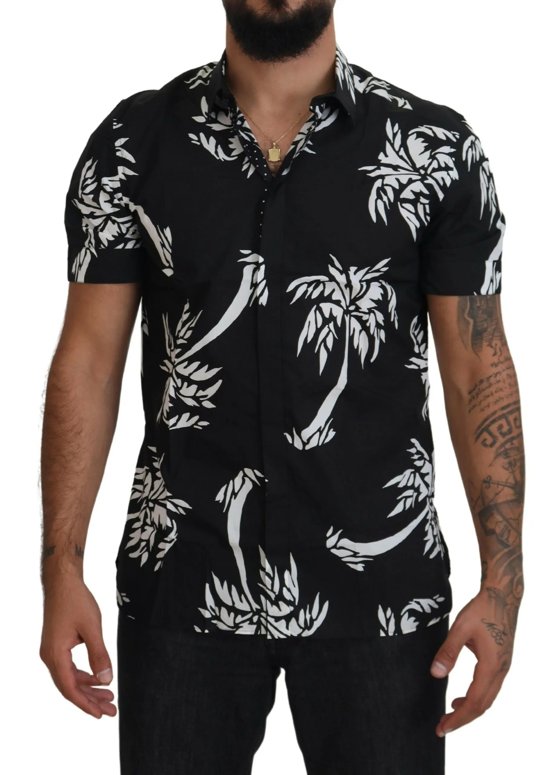 Dolce & Gabbana Men's Elegant Black Palm Tree Print Casual Shirt