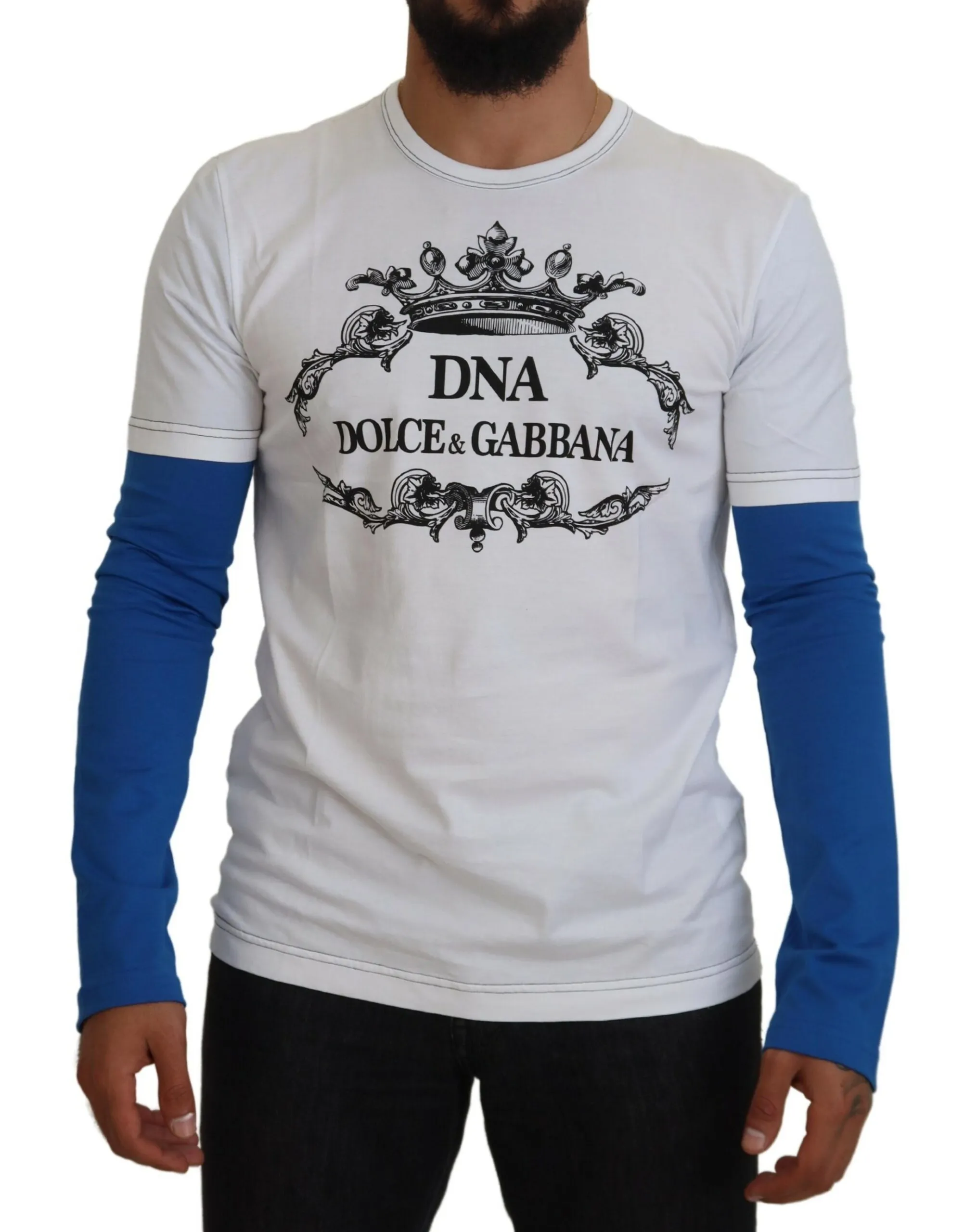 Dolce & Gabbana Men's Elegant Blue and White Crewneck Cotton Sweater