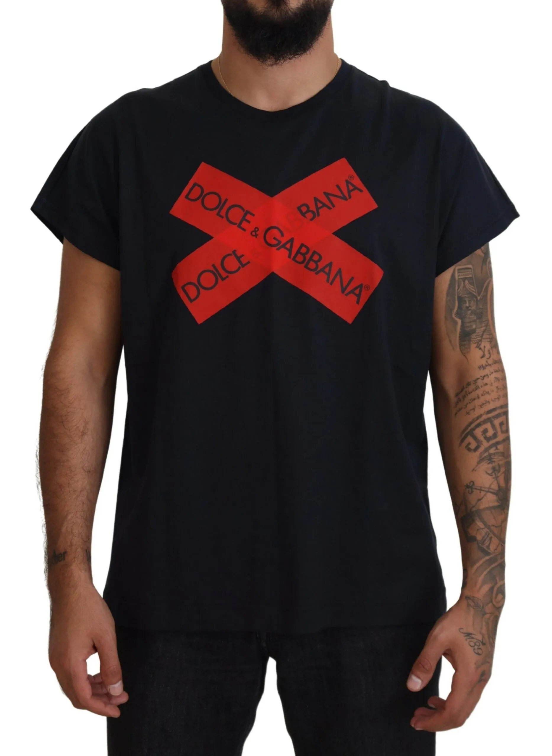 Dolce & Gabbana Men's Elegant Crewneck Blue T-Shirt with Red Logo