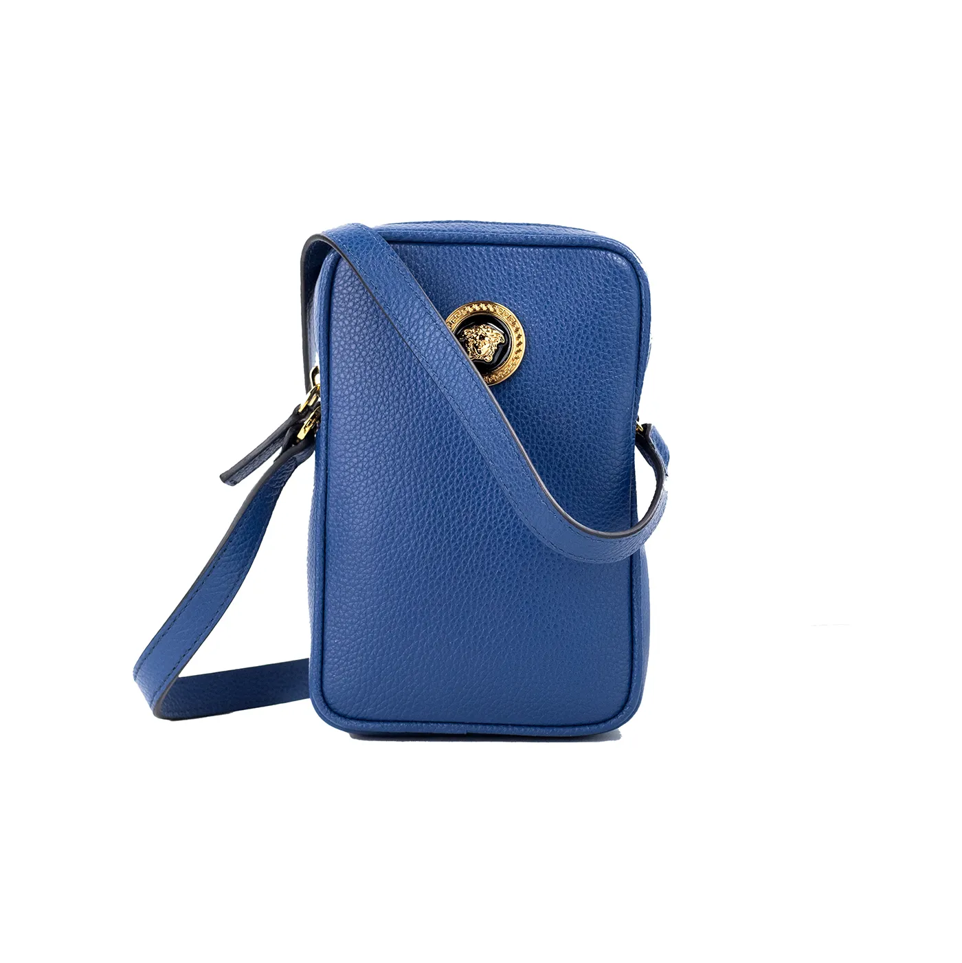 Versace Women's Mini Navy Blue Grainy Leather Medusa Pendant Crossbody Bag