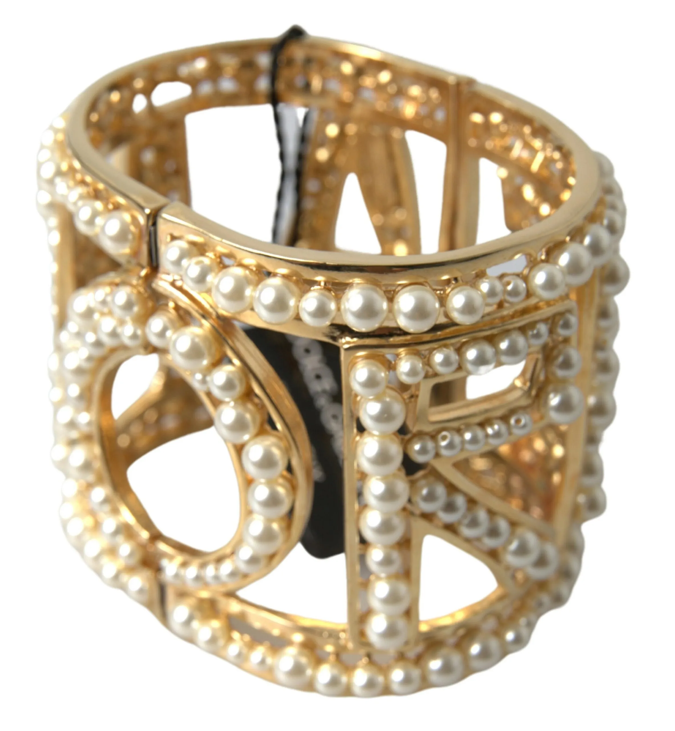Dolce & Gabbana Women's Elegant Gold Cuff with AMORE & Faux Pearls