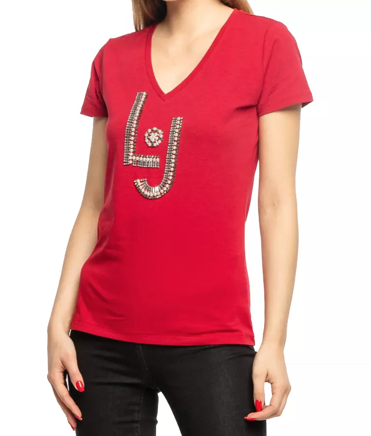 Liu Jo Women's Rhinestone Beaded V-Neck Red Tee