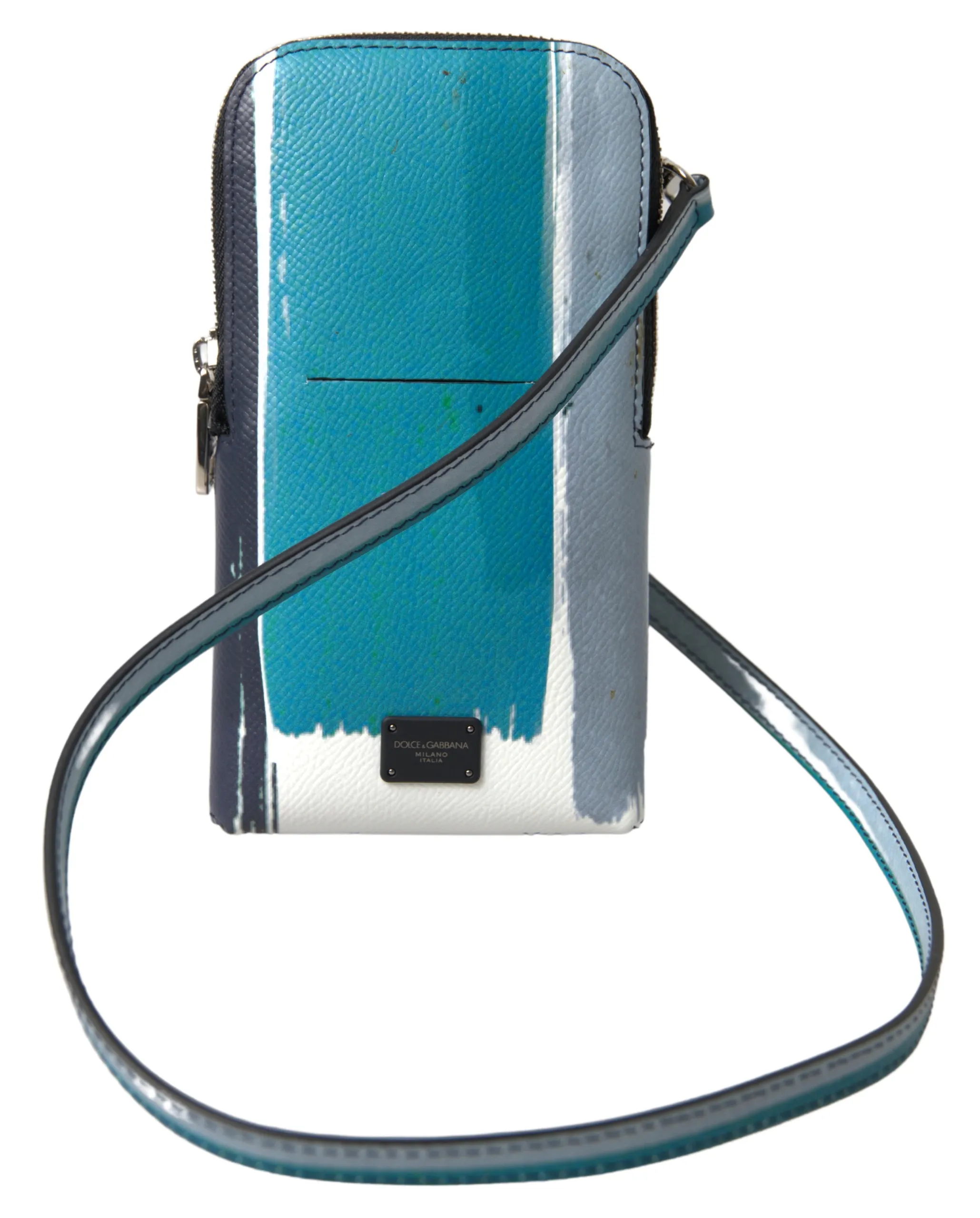 Dolce & Gabbana Men's Elegant Leather Crossbody Phone Bag in Blue & White