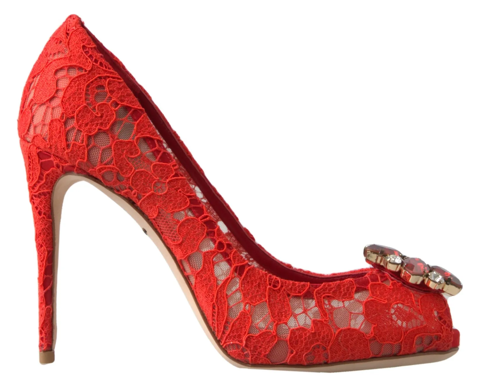 Dolce & Gabbana Women's Chic Red Lace Heels with Crystal Embellishment