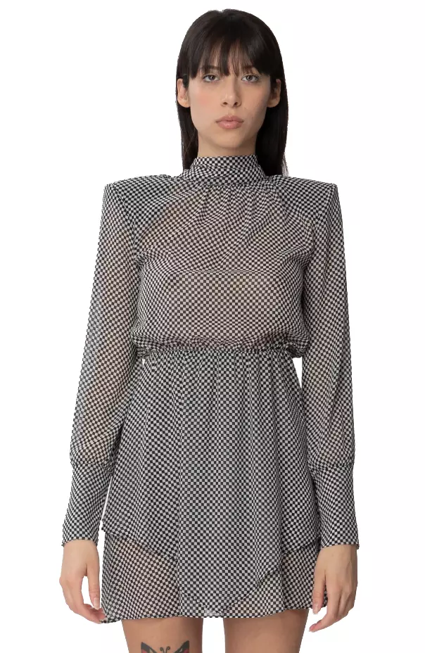 Patrizia Pepe Women's Chic Checkerboard Short Dress with Shoulder Pads