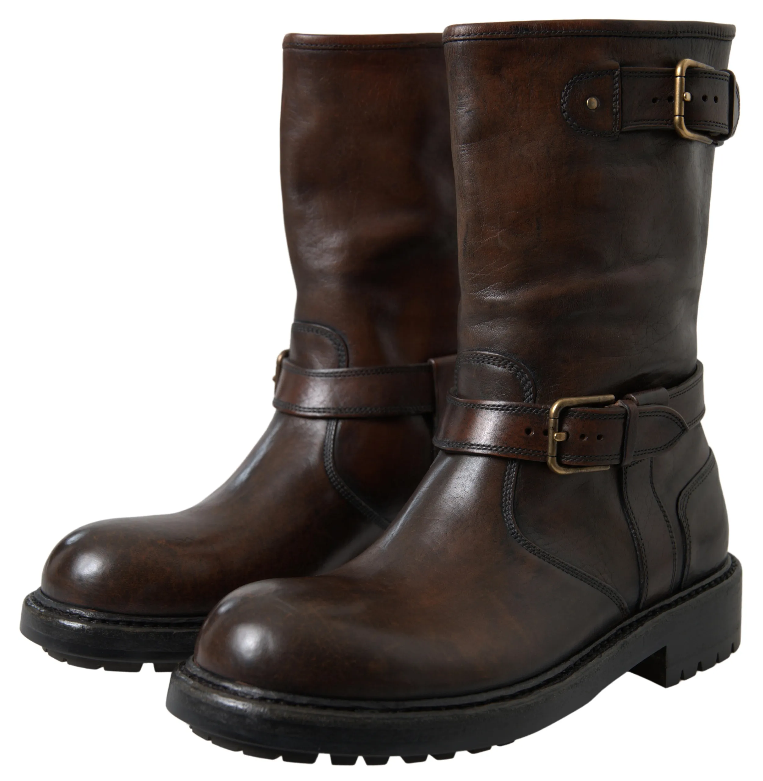 Dolce & Gabbana Men's Elegant Brown Leather Mid-Calf Biker Boots